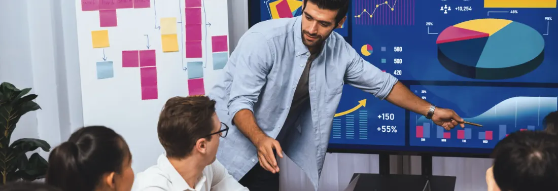 Business team analyzing social media marketing performance and data